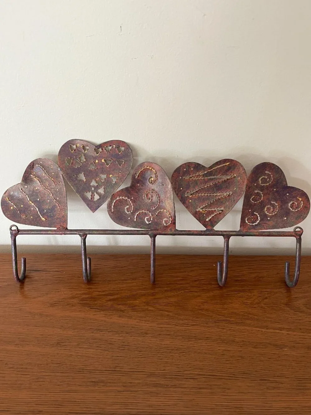 Rustic Bronze Metal Key Hook Small Rack Hearts Country Cottage Farmhouse Shabby